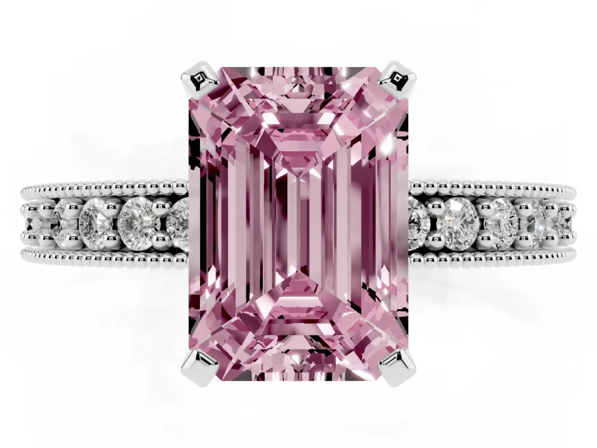 Fancy Pink Emerald Cut Diamond Milgrain Pavé Engagement Ring with Four-Prong Setting Silver