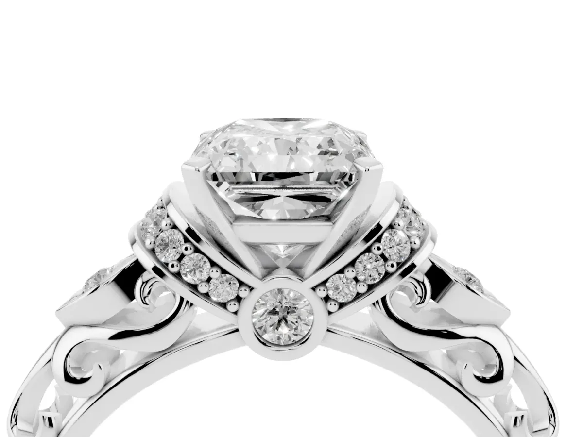 Radiant Cut Diamond Solitaire Ring with Filigree Band and Four-Prong Setting Silver