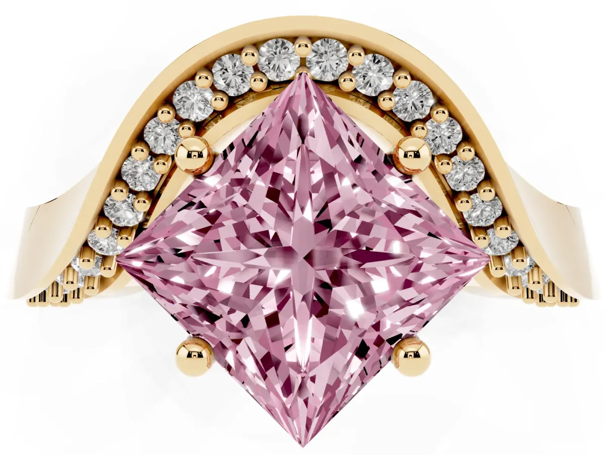 Fancy Pink Princess Cut Solitaire Diamond Engagement Ring with Pave Band and Four-Prong Setting Yellow gold
