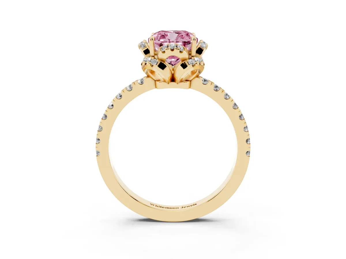 Fancy Pink Cushion Cut Diamond Halo Pave Band with Four-Prong Setting Yellow gold