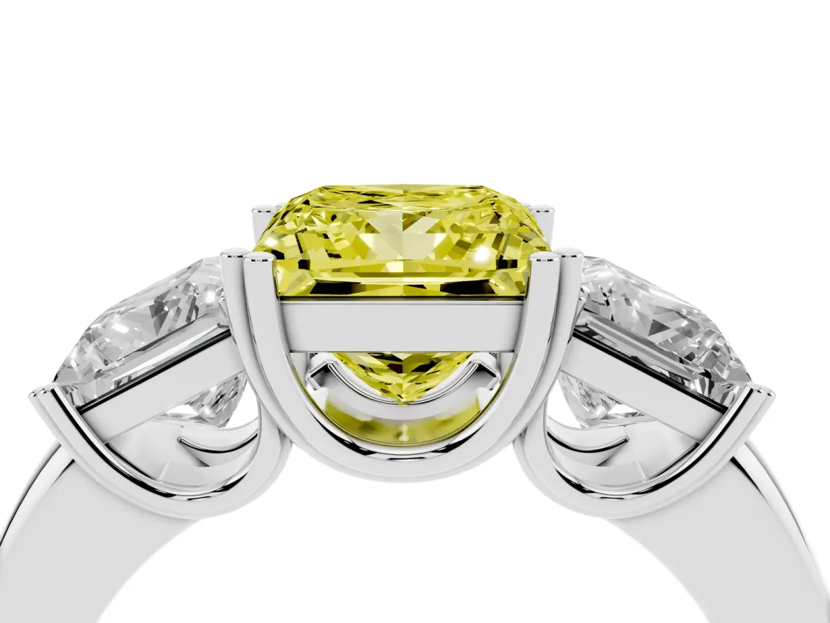 Fancy Yellow Three-Stone Princess Cut Cut Diamond Ring with Channel Set Band and Four-Prong Setting White gold