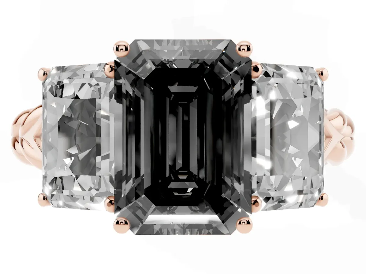 Fancy Black Three-Stone Emerald Cut Diamond Braided Band Ring with Four-Prong Setting Rose gold