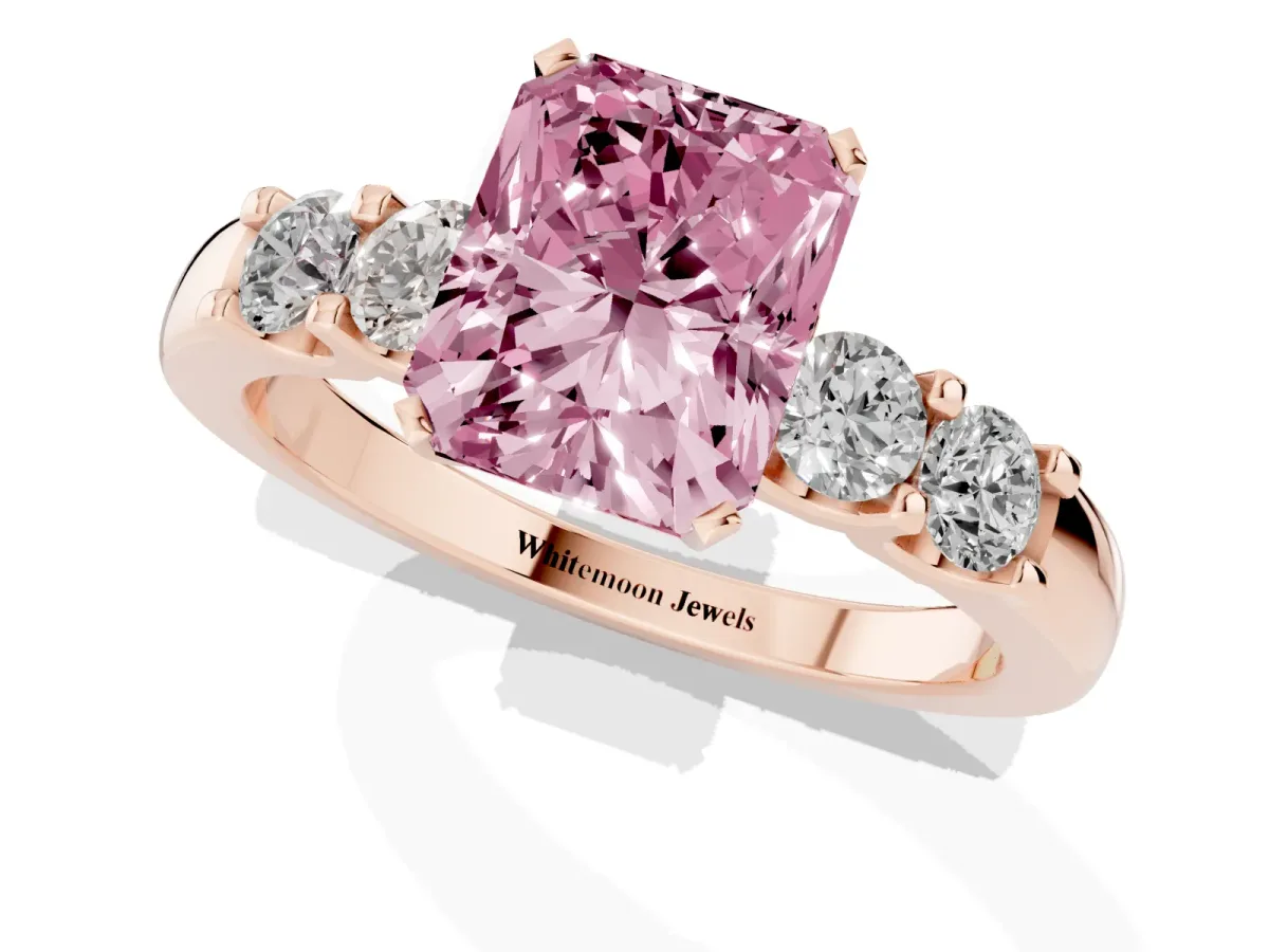 Fancy Pink Radiant Cut Brilliant Cut Diamond Five-Stone Prong Set Engagement Ring with Channel Band Rose gold