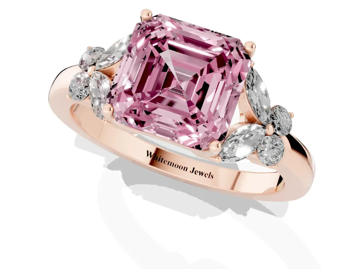 Fancy Pink Asscher Cut Cut Solitaire Floral Diamond Ring with Four-Prong Setting Rose gold