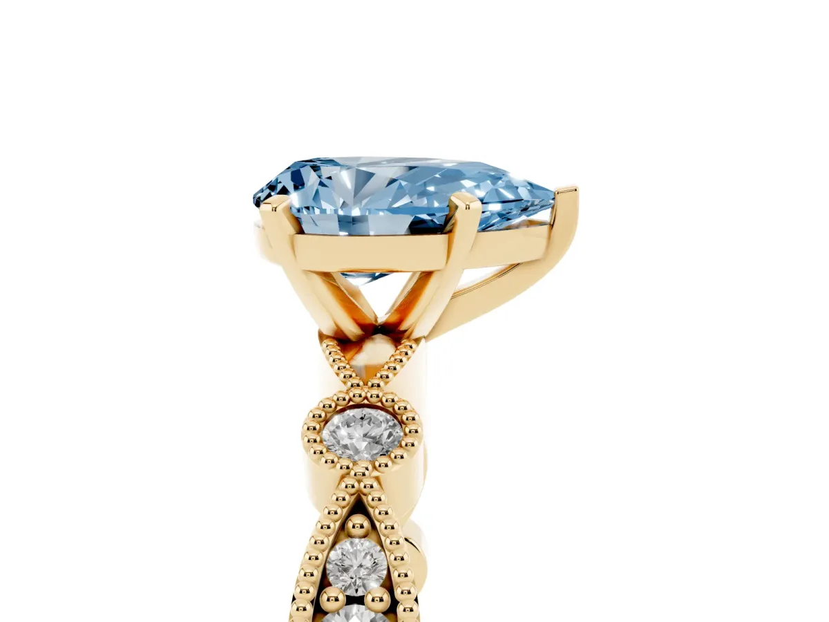 Fancy Blue Pear Cut Milgrain Bezel Diamond Engagement Ring with Solitaire Prong Setting Yellow gold