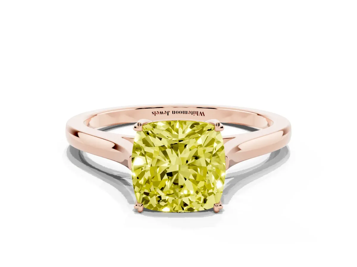 Fancy Yellow Cushion Cut Solitaire Heart Prong Engagement Ring with Tapered Band Rose gold