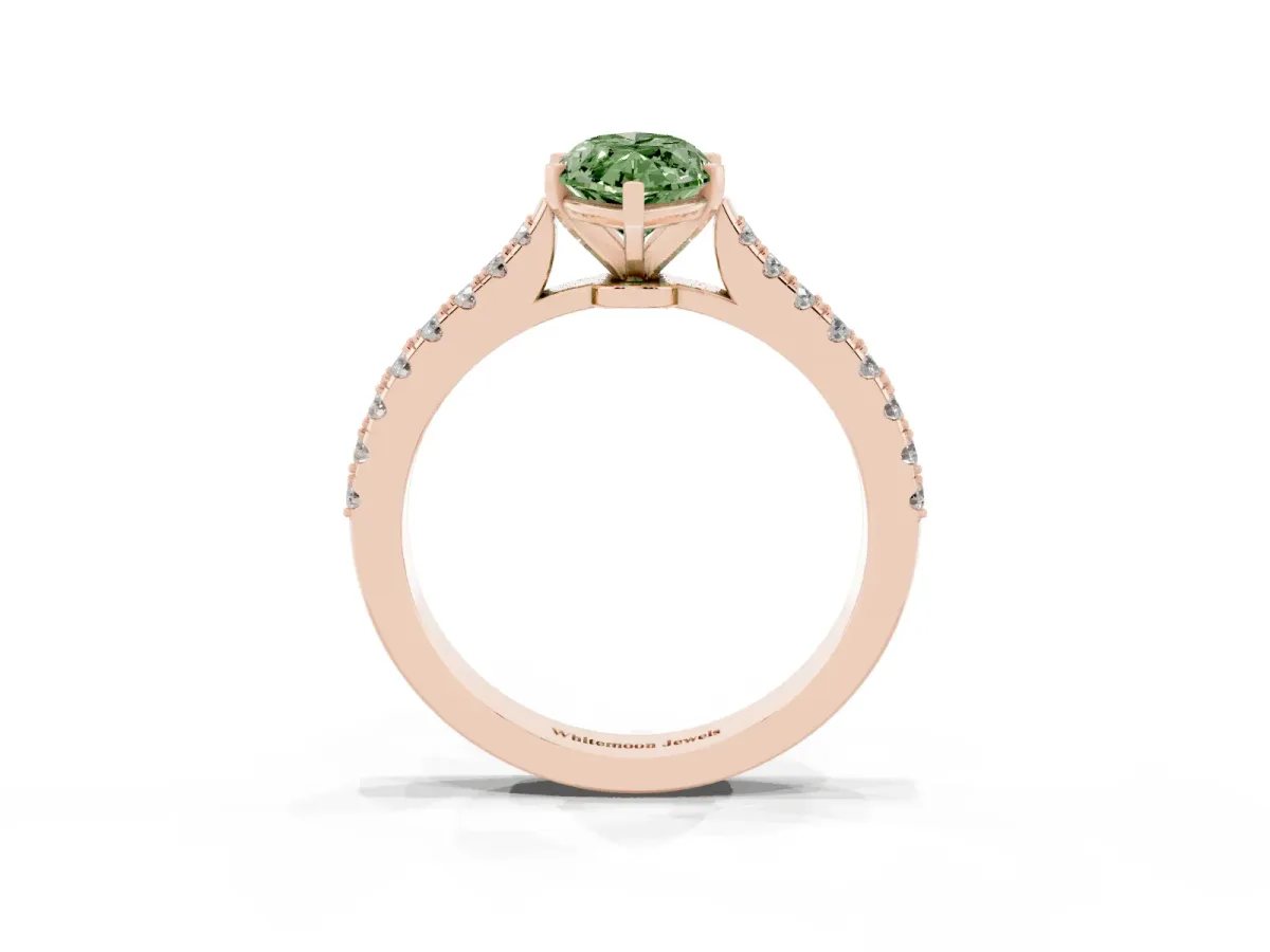 Fancy Green Marquise Cut Cut Solitaire Diamond Engagement Ring with Pave Band and Four-Prong Setting Rose gold