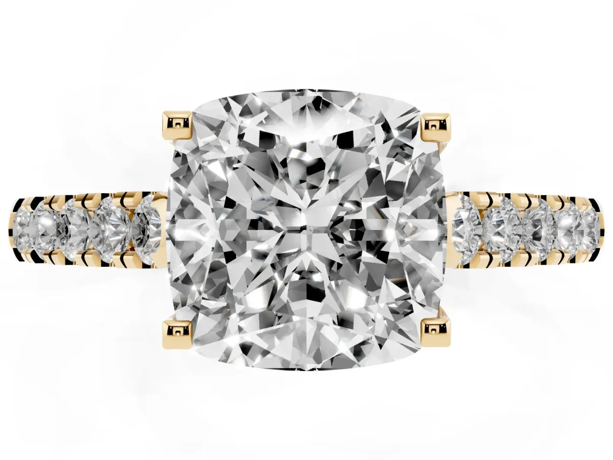 Cushion Cut Diamond Pavé Band Solitaire Ring with Prong Setting Yellow gold