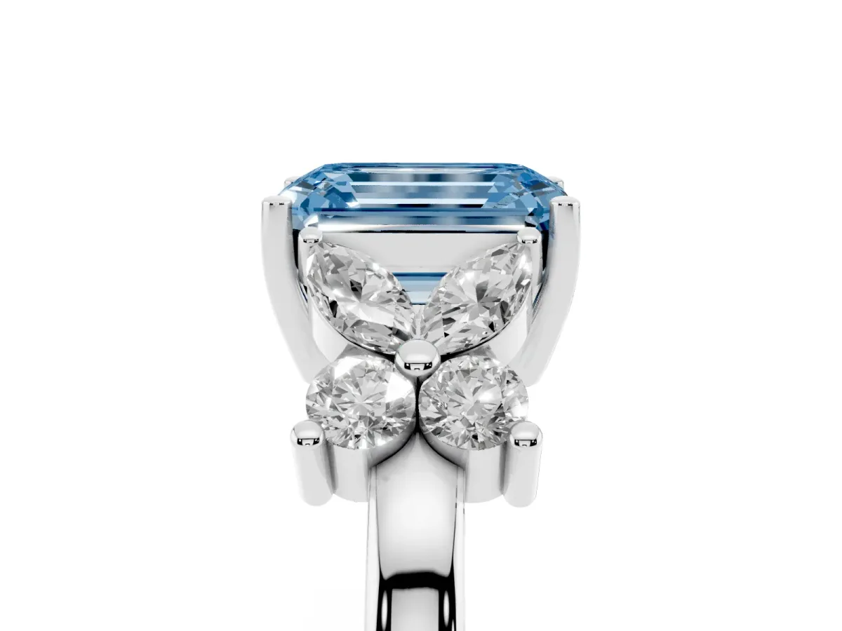 Fancy Blue Emerald Cut Diamond Floral Cluster Ring with Solitaire Band and Prong Setting Silver
