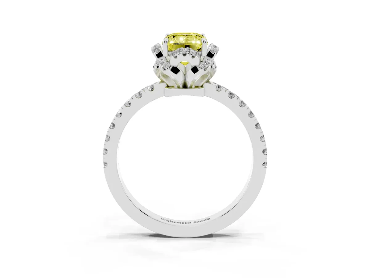 Fancy Yellow Emerald Cut Diamond Halo Pave Band with Four-Prong Setting Silver