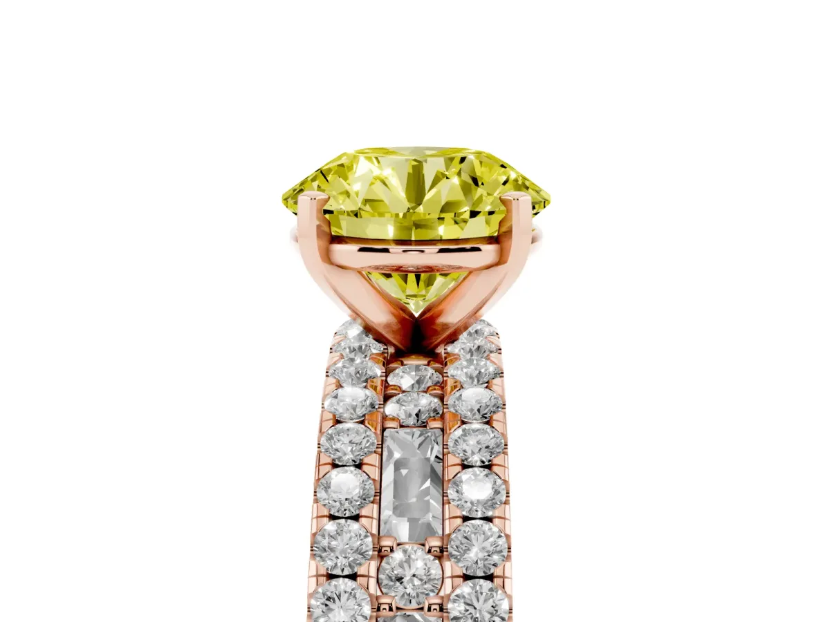 Fancy Yellow Round Cut Diamond Solitaire Ring with Pavé and Channel Set Band Rose gold