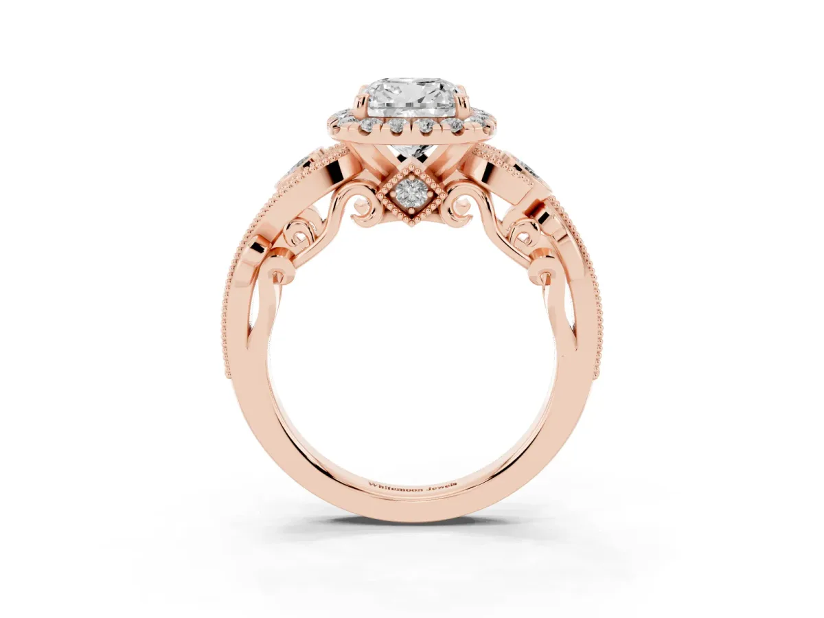 Cushion Cut Halo Diamond Ring with Milgrain and Bezel Accents on a Split Shank Band Rose gold