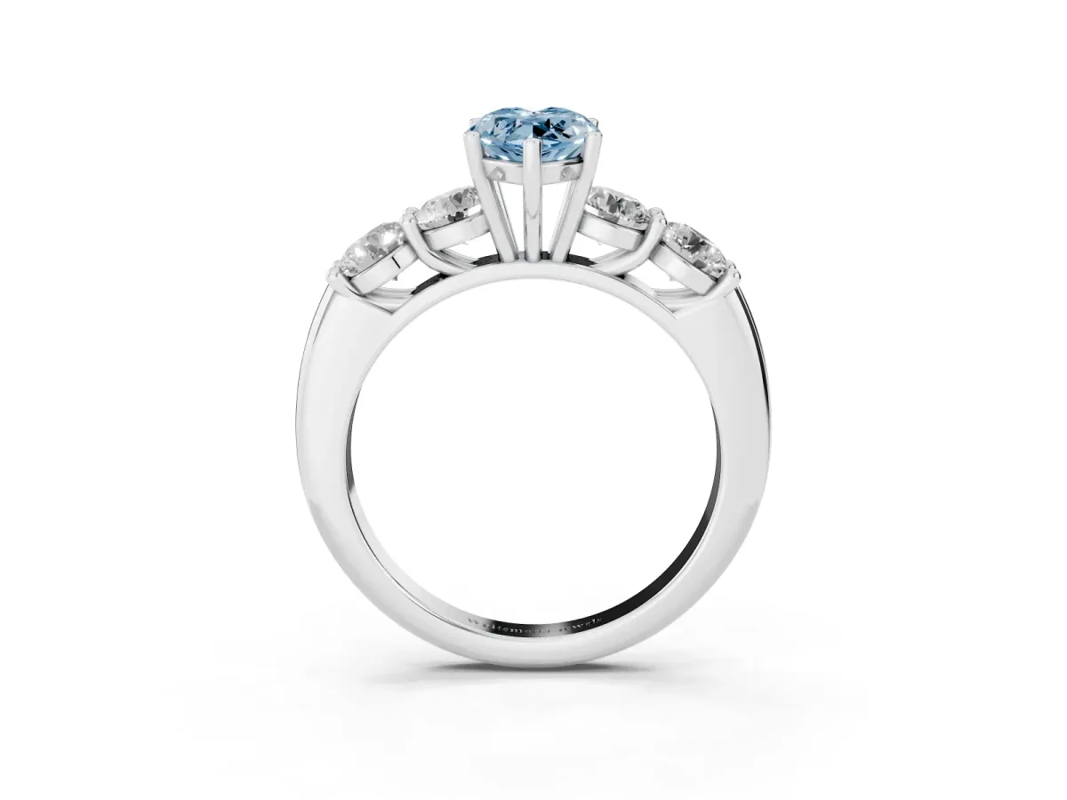 Fancy Blue Marquise Cut Cut Five-Stone Prong Set Diamond Ring with Classic Band Silver