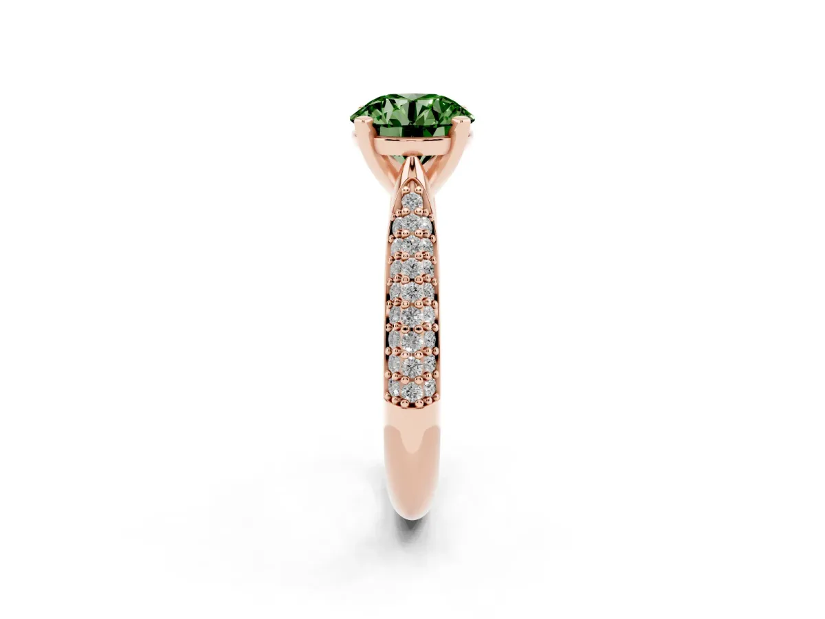Fancy Green Round Cut Diamond Solitaire Engagement Ring with Multi-Row Round Pavé Band and Prong Setting Rose gold