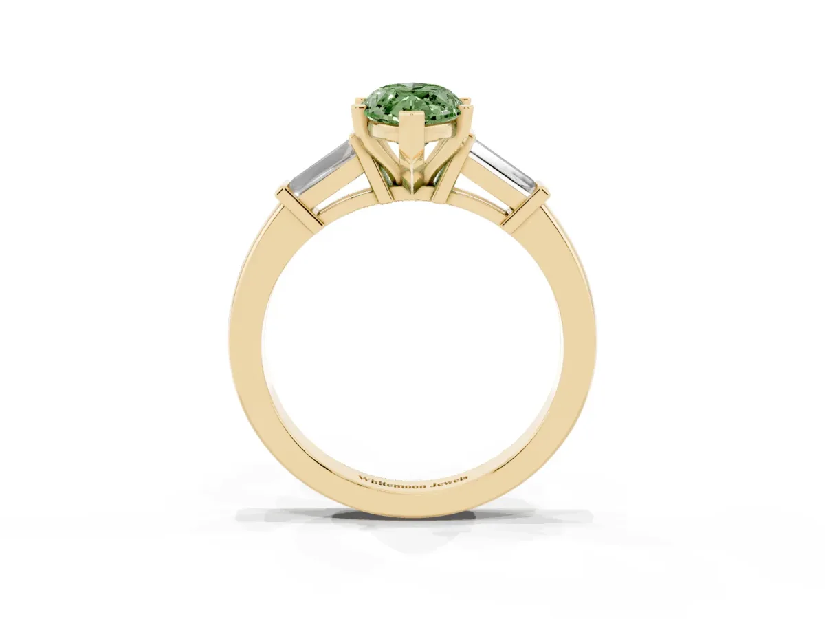 Fancy Green Marquise Cut Cut Diamond Solitaire Ring with Tapered Baguette Accents and Four-Prong Setting Yellow gold