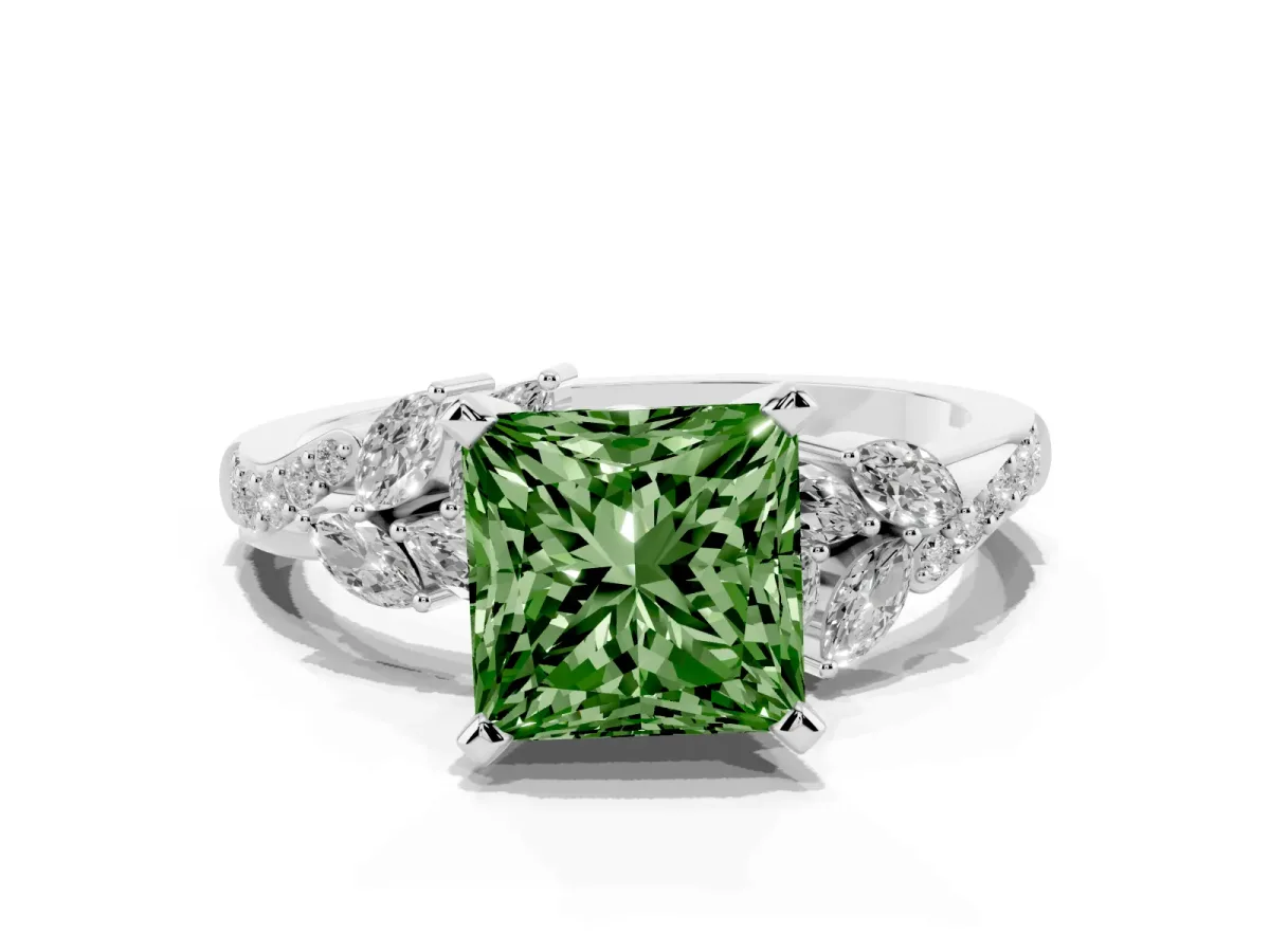 Fancy Green Princess Cut Solitaire Marquise Twist Band with Six-Prong Setting Silver