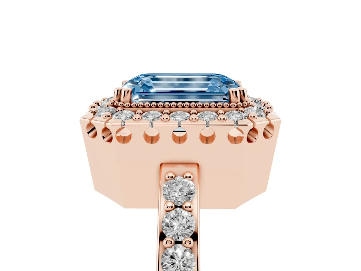Fancy Blue Emerald Cut Diamond Halo Ring with Pavé Band and Prong Setting Rose gold