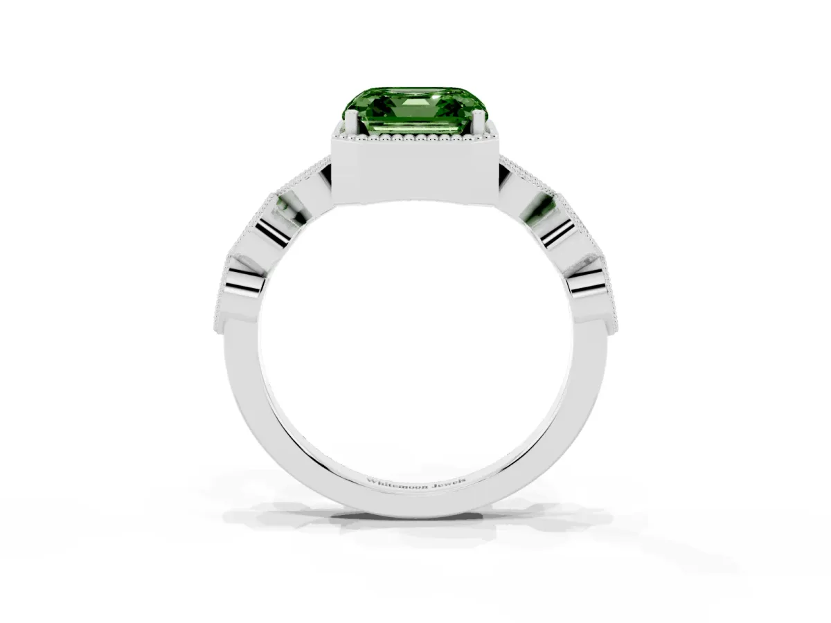 Fancy Green Asscher Cut Diamond Vintage Milgrain Ring with Round Stations Silver