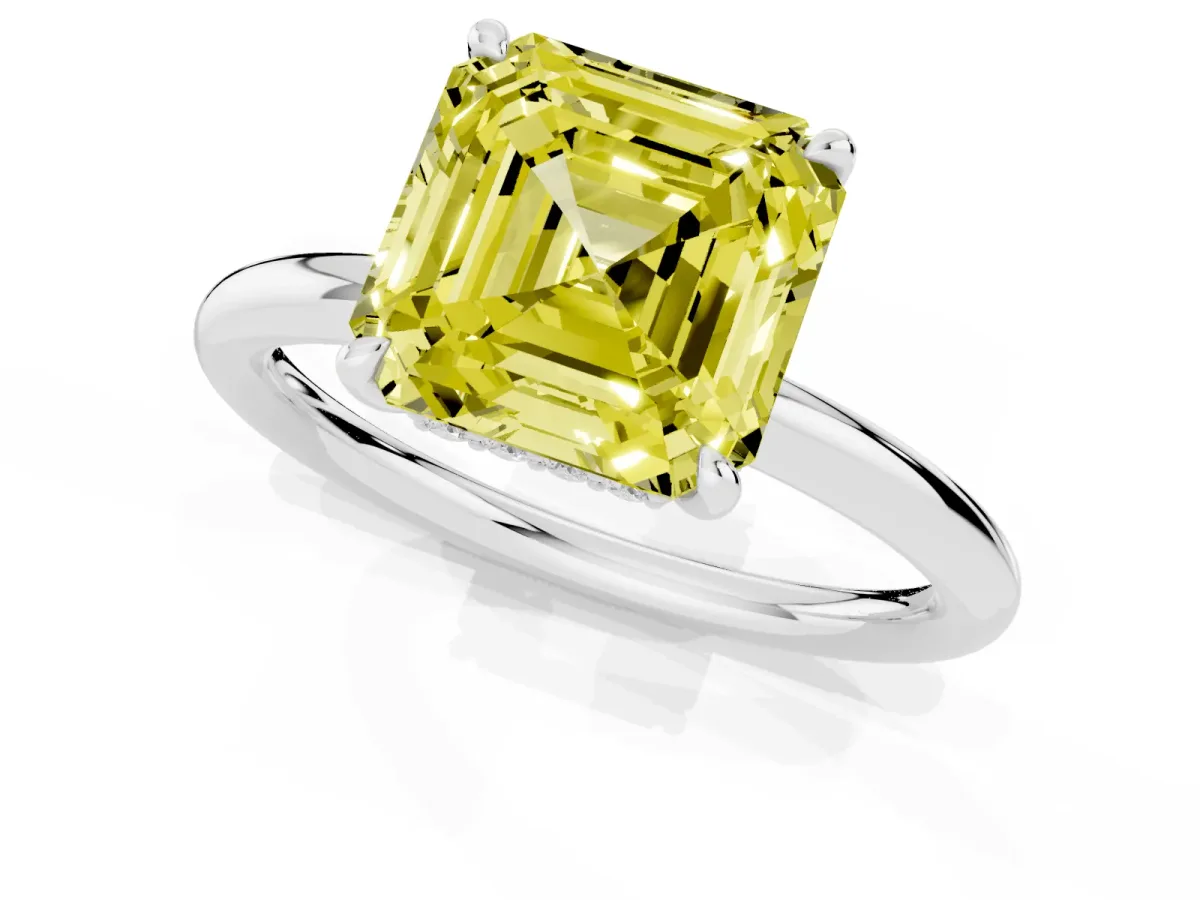 Fancy Yellow Asscher Cut Diamond Solitaire Ring with Thin Band and Four-Prong Setting Silver