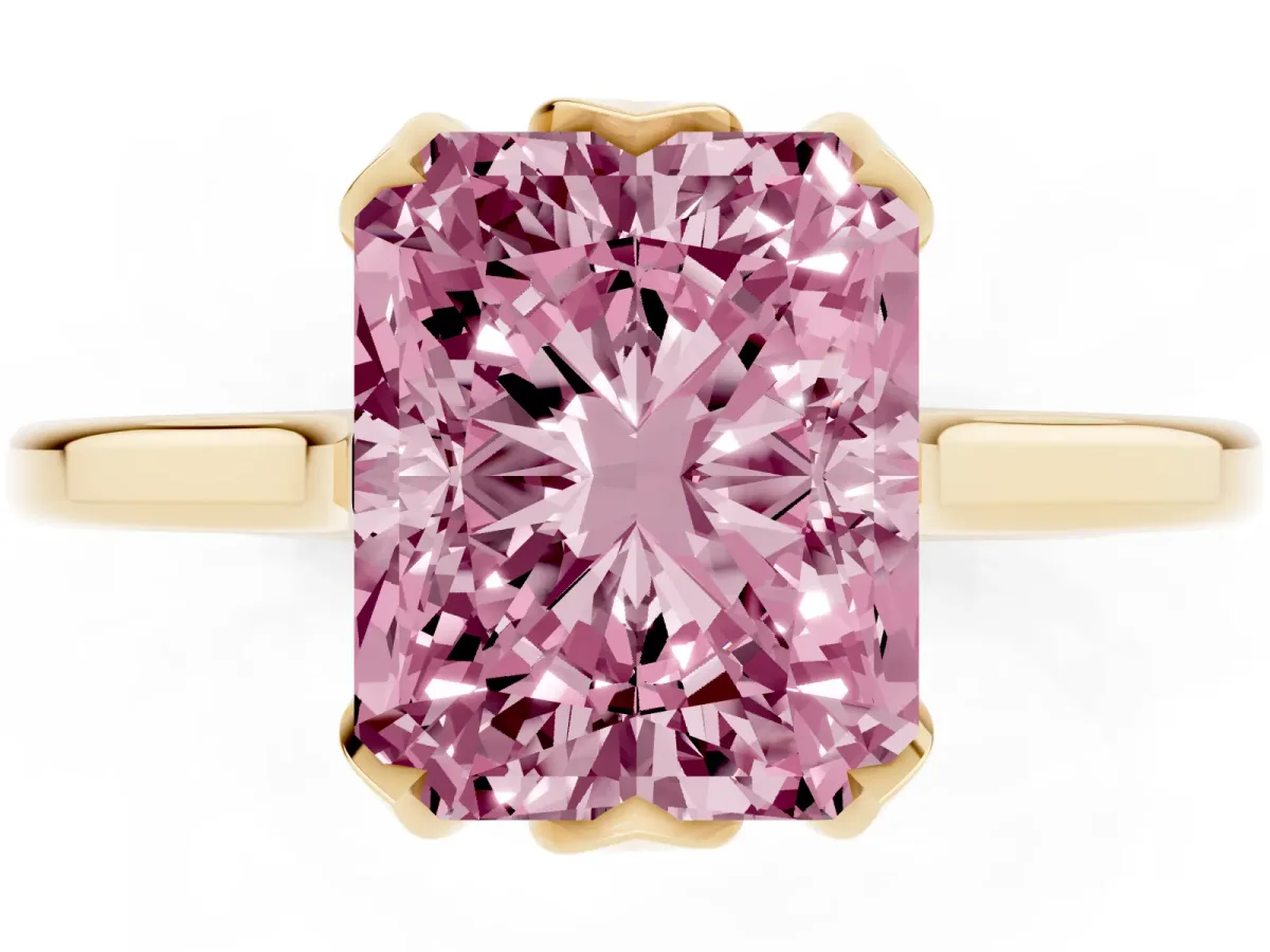 Fancy Pink Radiant Cut Diamond Solitaire Ring with Flower Prong Setting and Classic Band Yellow gold