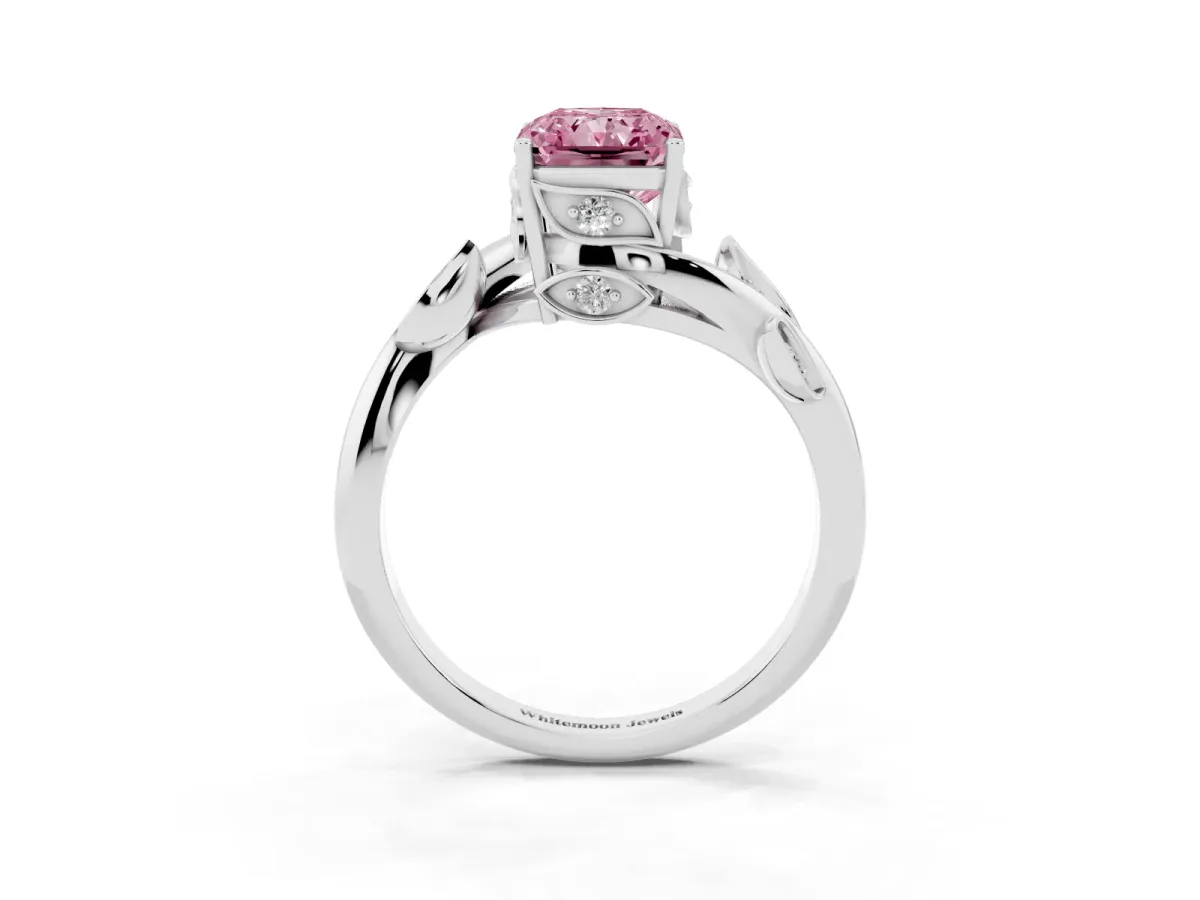 Fancy Pink Radiant Cut Solitaire Twist Engagement Ring with Leaf Accents and Prong Setting White gold
