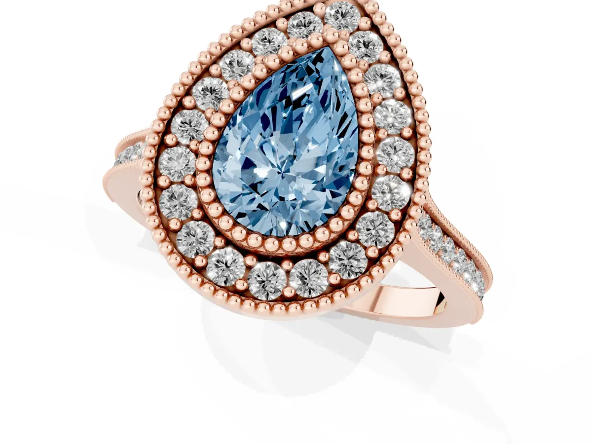 Fancy Blue Pear Cut Diamond Halo Ring with Milgrain Frame and Pavé Band Rose gold