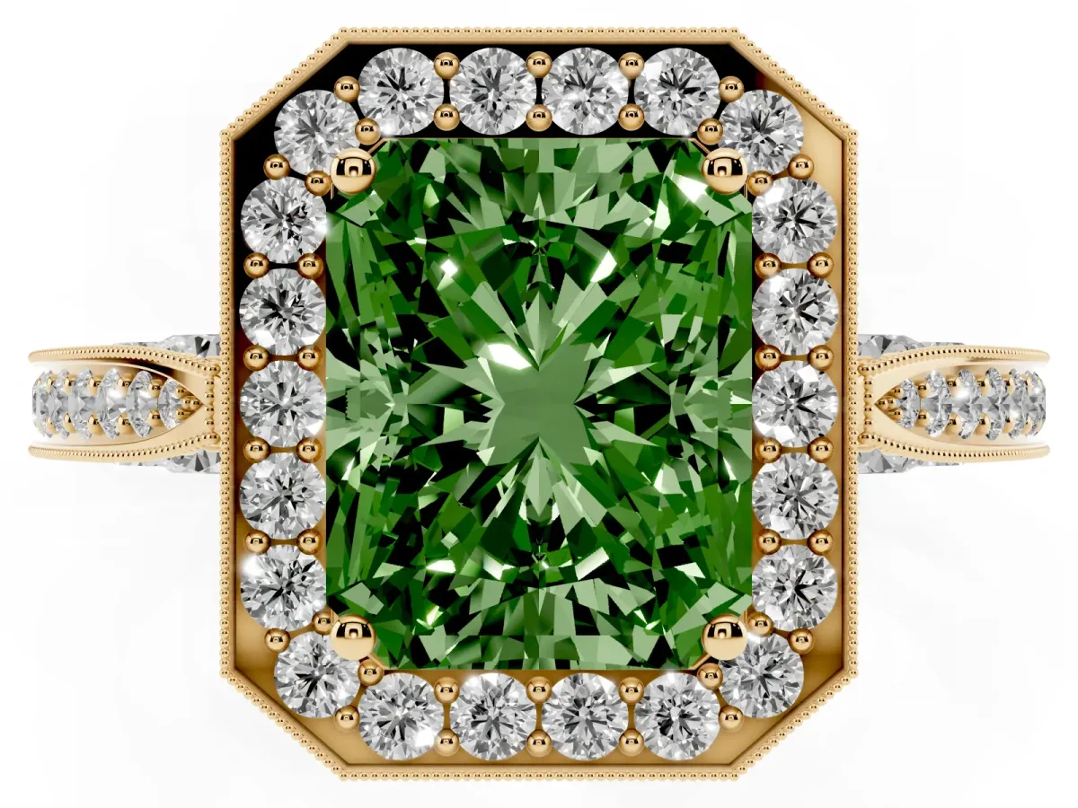 Fancy Green Radiant Cut Halo Diamond Engagement Ring with Split Shank Band and Four-Prong Setting Yellow gold