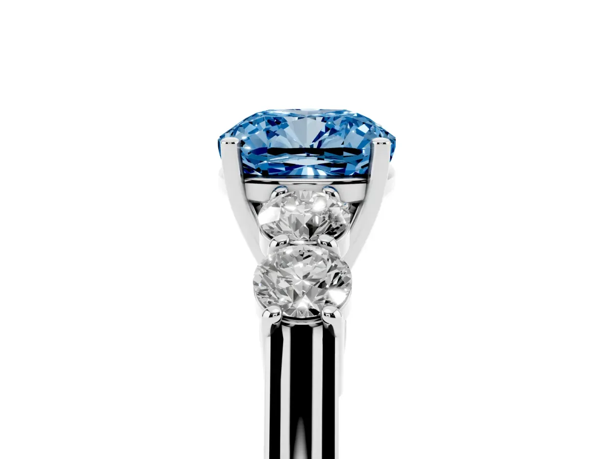 Fancy Blue Cushion Cut Cut Diamond Five-Stone Prong Set White Gold Ring Silver