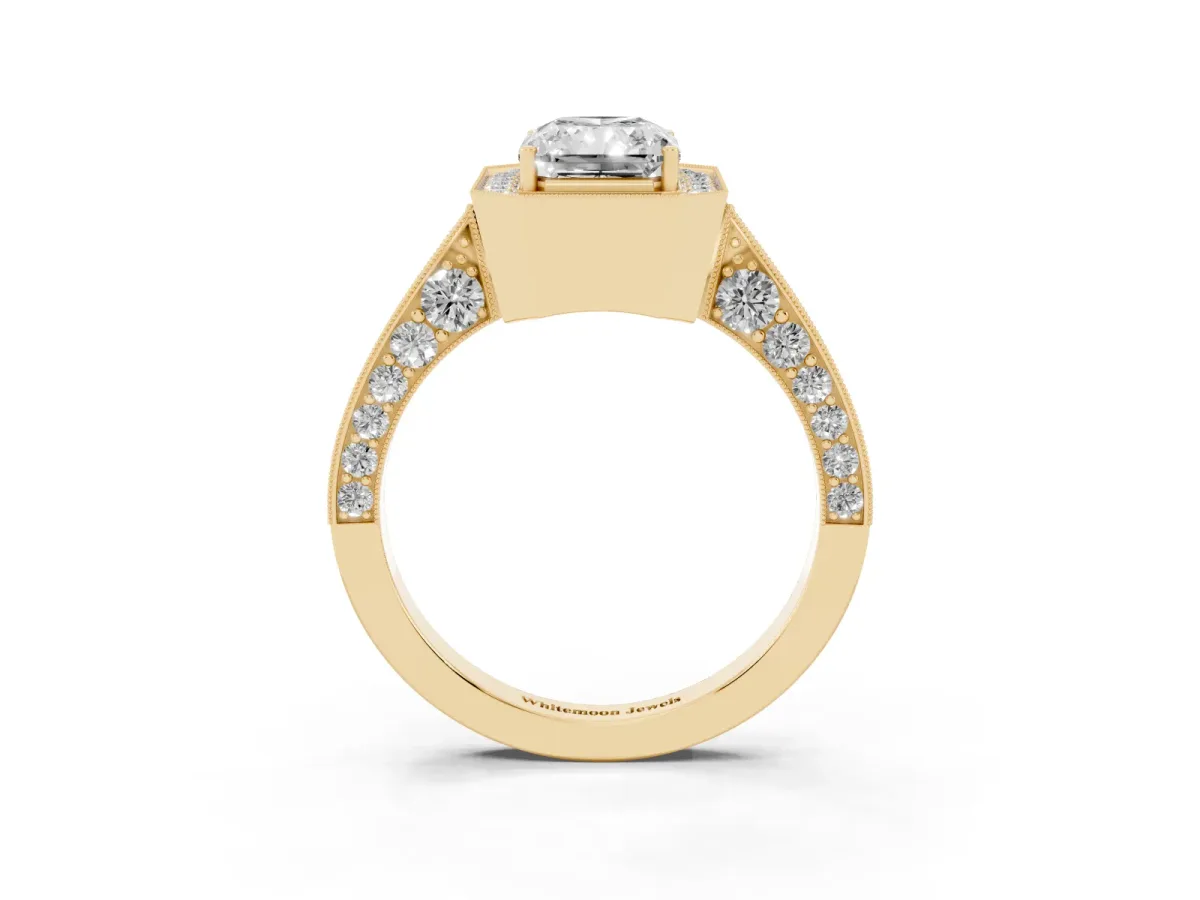 Radiant Cut Halo Diamond Engagement Ring with Split Shank Band and Four-Prong Setting Yellow gold