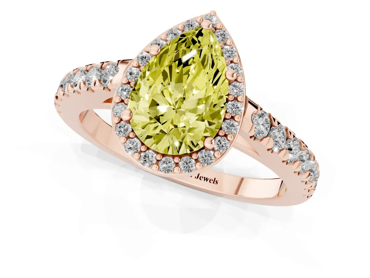 Fancy Yellow Pear Cut Cut Halo Diamond Engagement Ring with Pave Band and Four-Prong Setting Rose gold