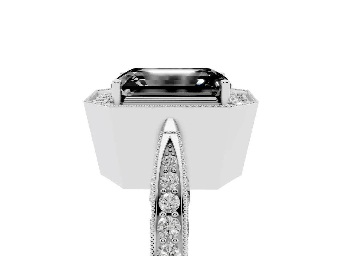 Fancy Black Emerald Cut Halo Diamond Engagement Ring with Split Shank Band and Four-Prong Setting Silver