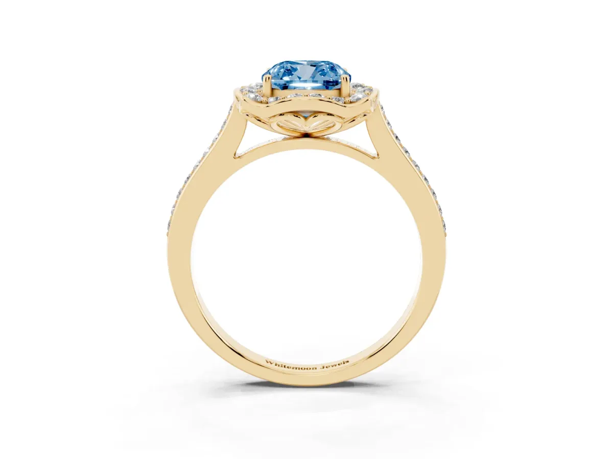 Fancy Blue Cushion Cut Halo Round Diamond Pave Band with Four-Prong Setting Yellow gold