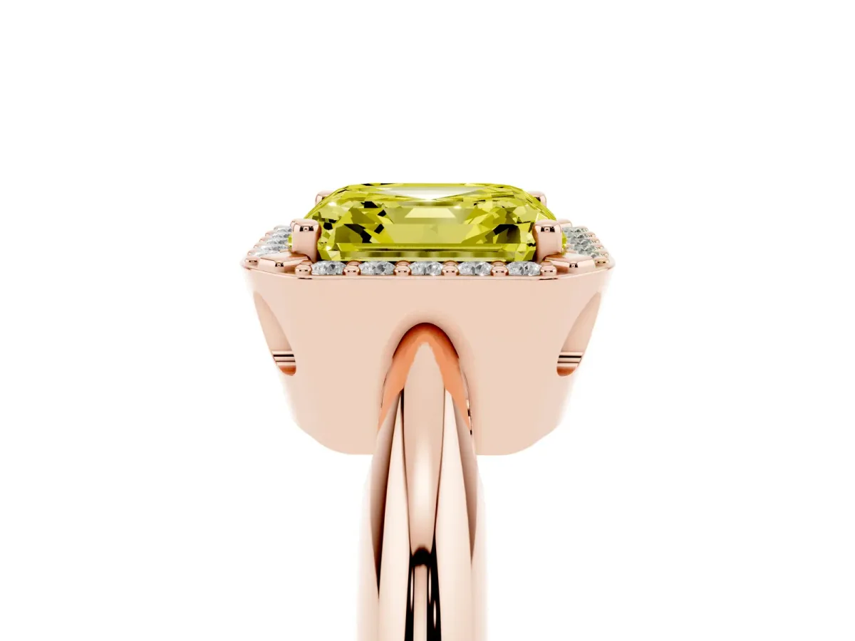 Fancy Yellow Asscher Cut Cut Diamond Halo Engagement Ring with Split Shank and Four-Prong Setting Rose gold