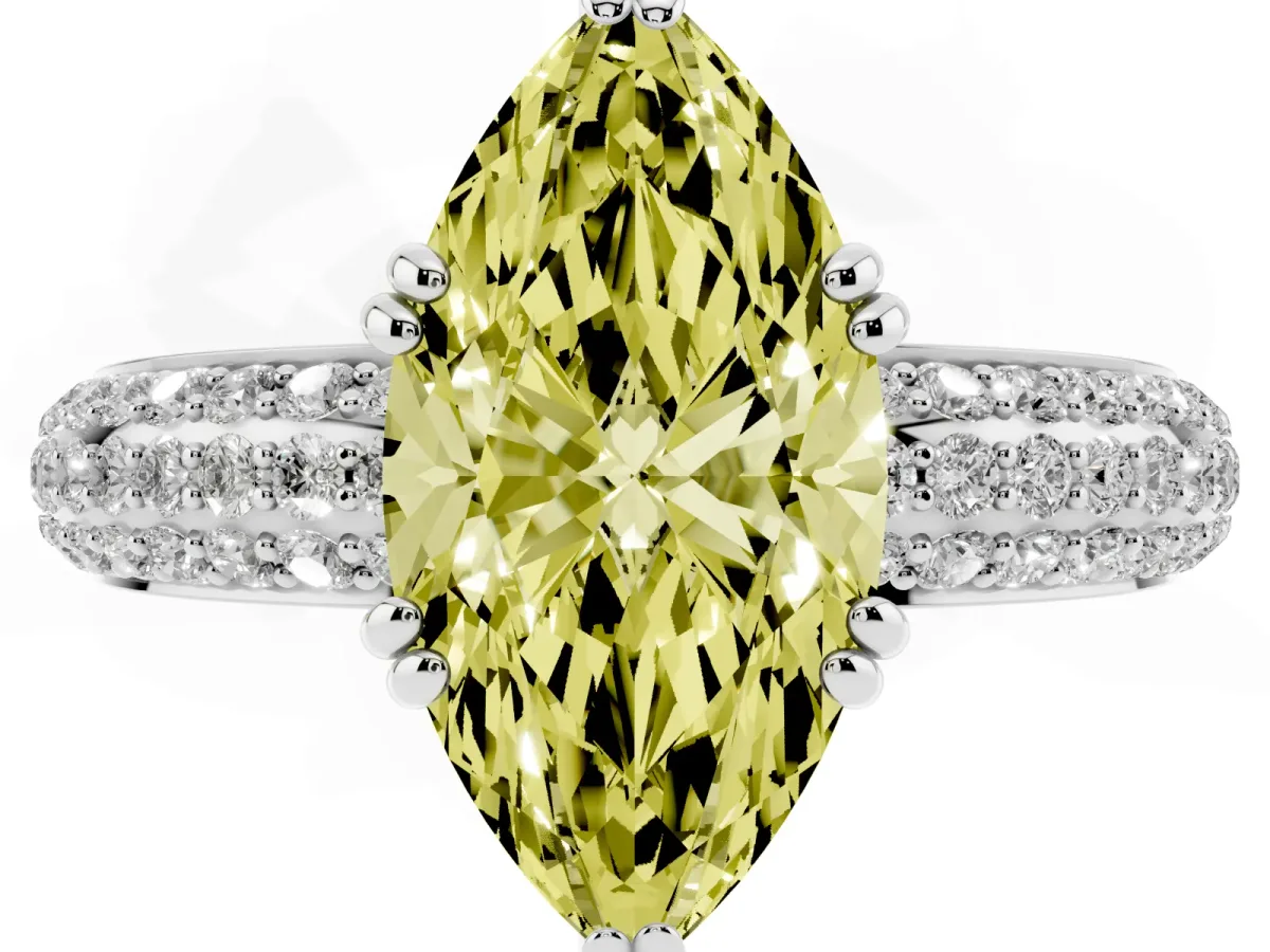 Fancy Yellow Marquise Cut Diamond Solitaire Ring with Multi-Row Round Pavé Band and Prong Setting White gold