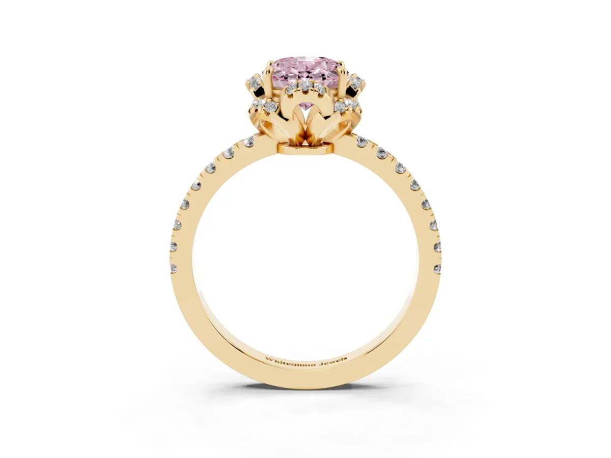 Fancy Pink Oval Cut Diamond Halo Pave Band with Four-Prong Setting Yellow gold