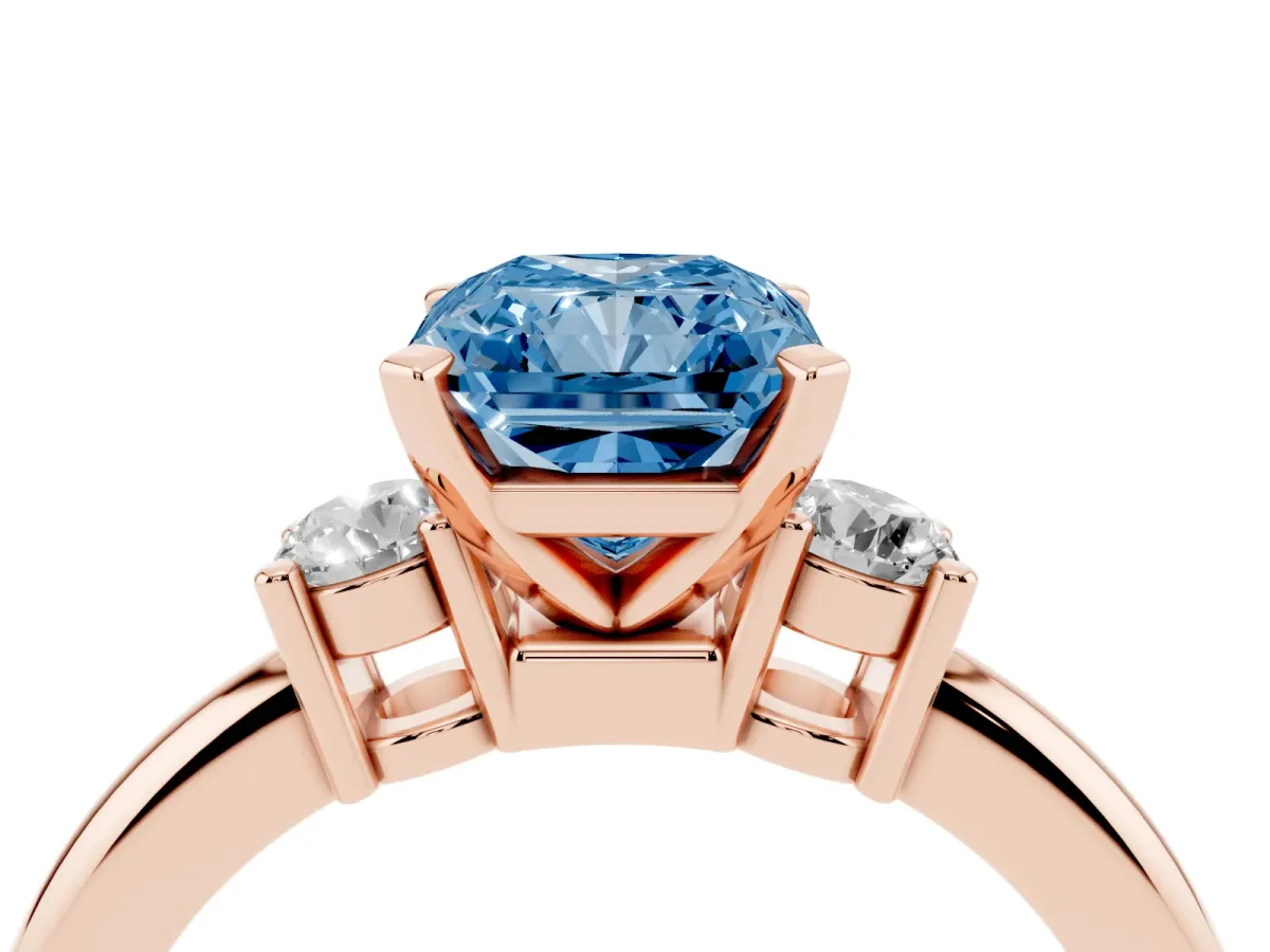 Fancy Blue Three-Stone Radiant Cut Cut Diamond Solitaire with Prong Setting and Classic Band Rose gold