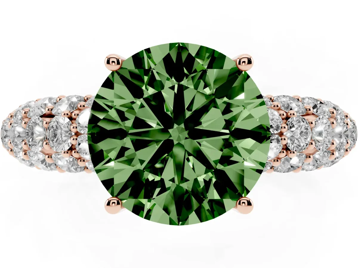 Fancy Green Round Cut Diamond Pavé Band Solitaire Ring with Four-Prong Setting Rose gold