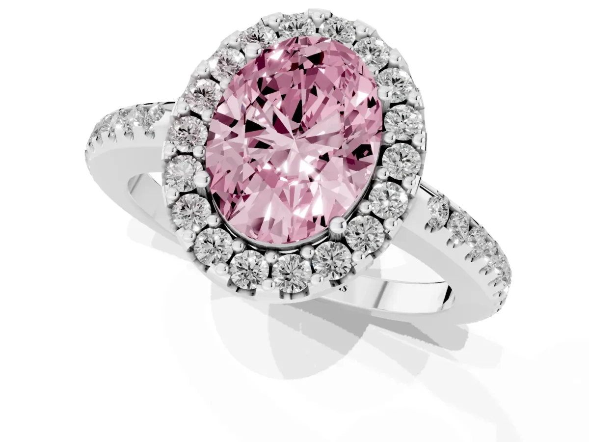 Fancy Pink Oval Cut Diamond Pavé Halo Ring with Four-Prong Setting Silver