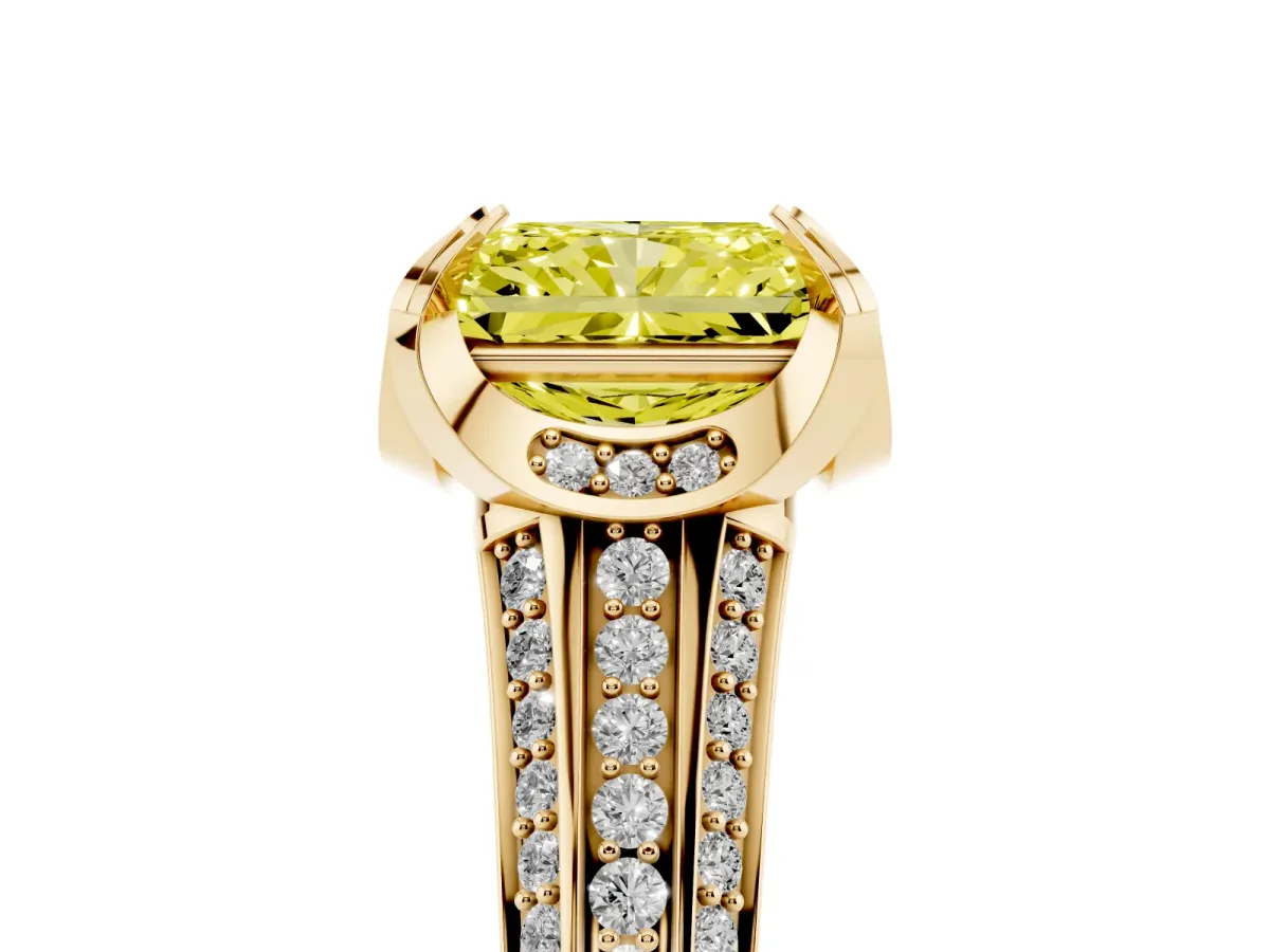 Fancy Yellow Radiant Cut Solitaire Pave Split Shank Ring with Four-Prong Setting Yellow gold