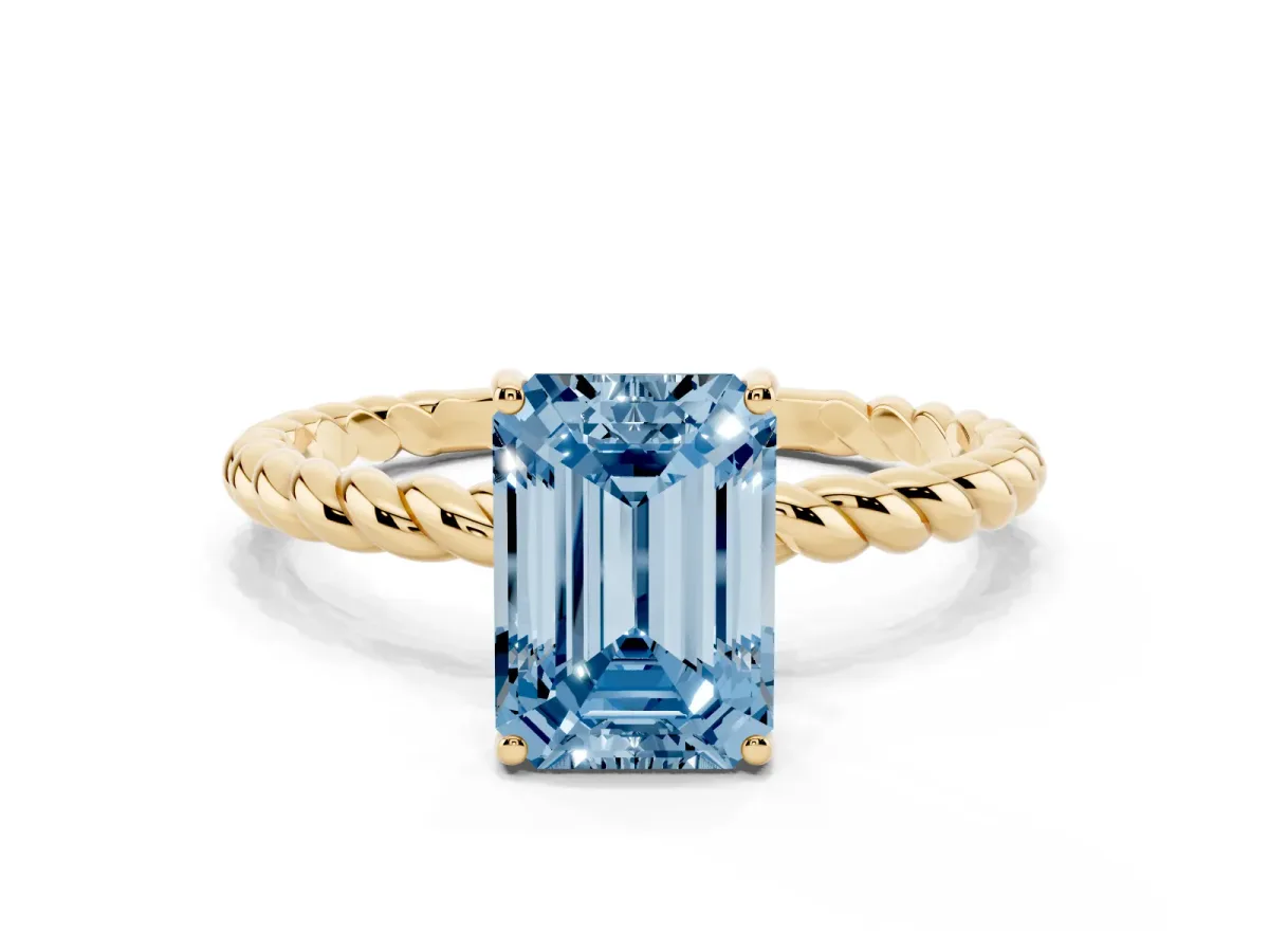 Fancy Blue Emerald Cut Solitaire Twisted Band 4-Prong Ring Yellow gold
