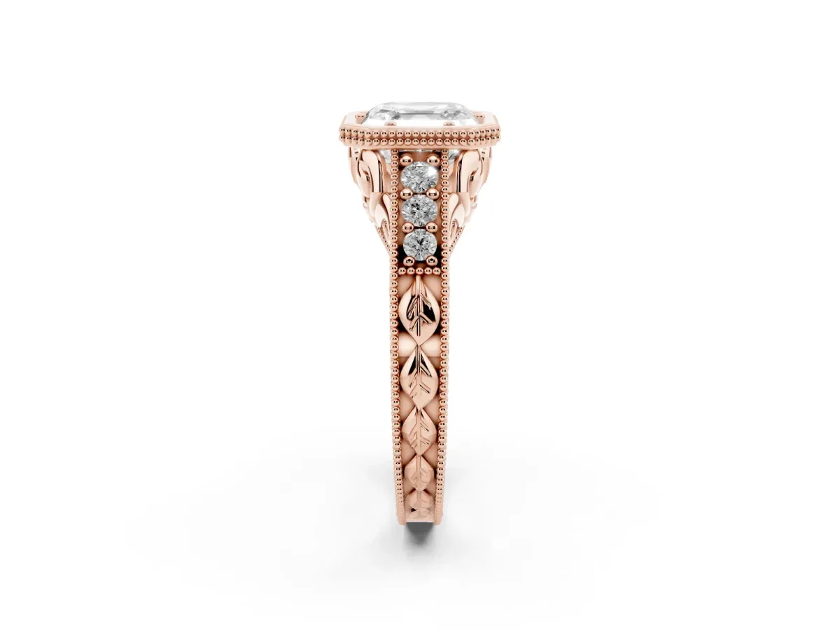 Bezel Set Asscher Cut Diamond Milgrain Pave Engagement Ring Rose gold