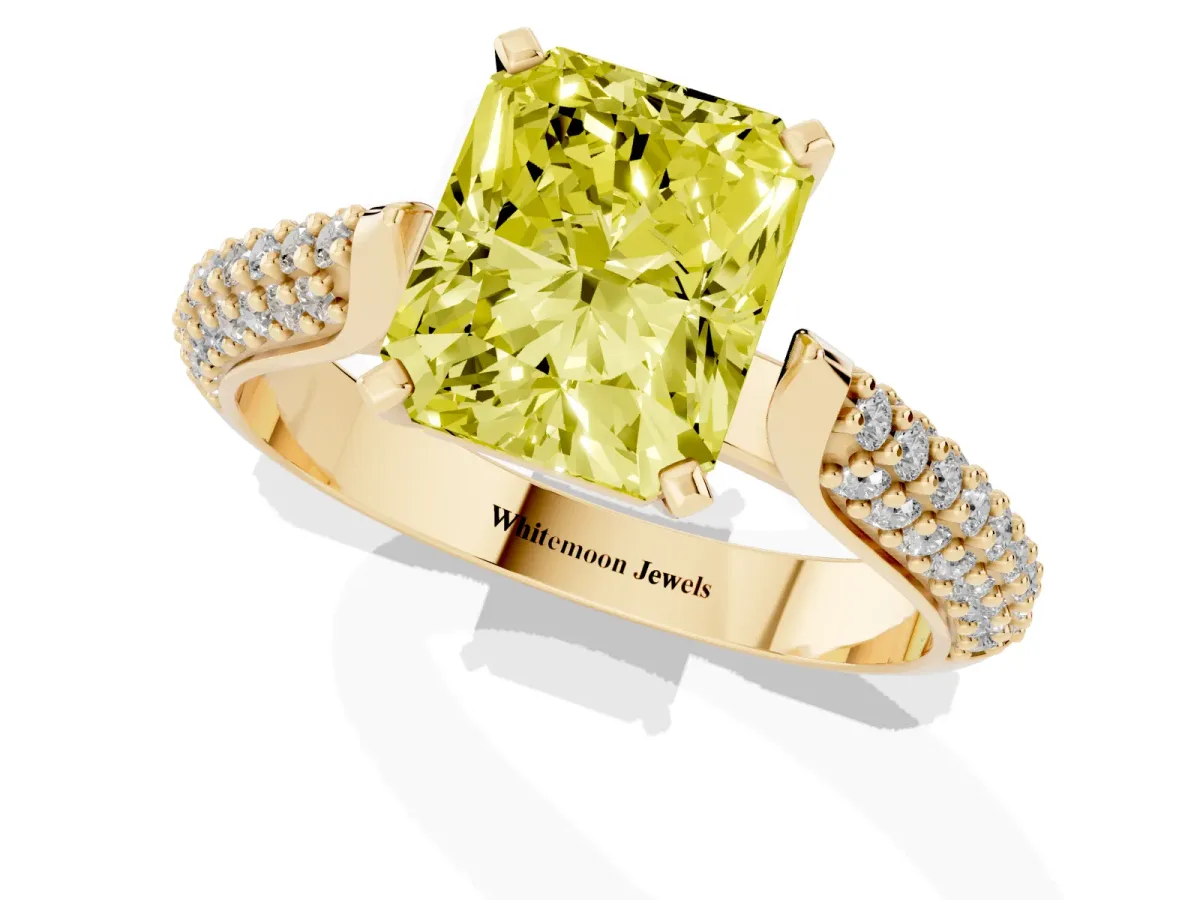 Fancy Yellow Radiant Cut Diamond Solitaire Engagement Ring with Multi-Row Round Pavé Band and Prong Setting Yellow gold