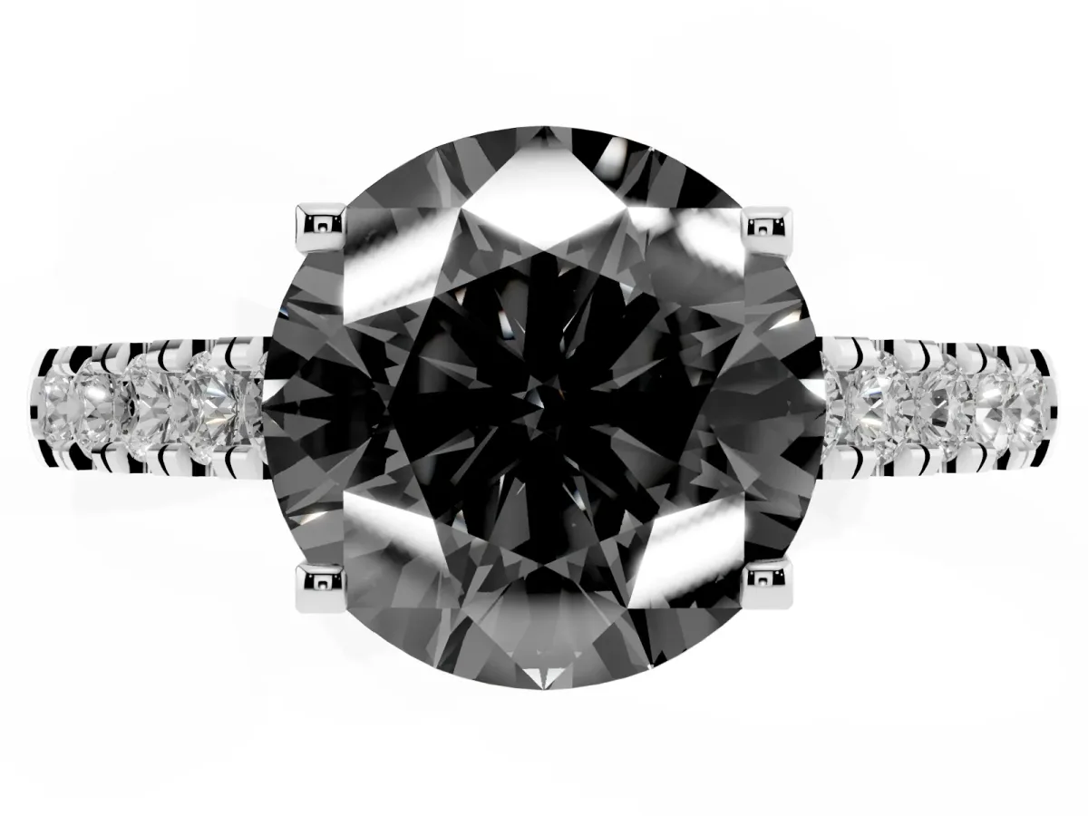 Fancy Black Round Cut Diamond Pavé Band Solitaire Ring with Prong Setting Silver