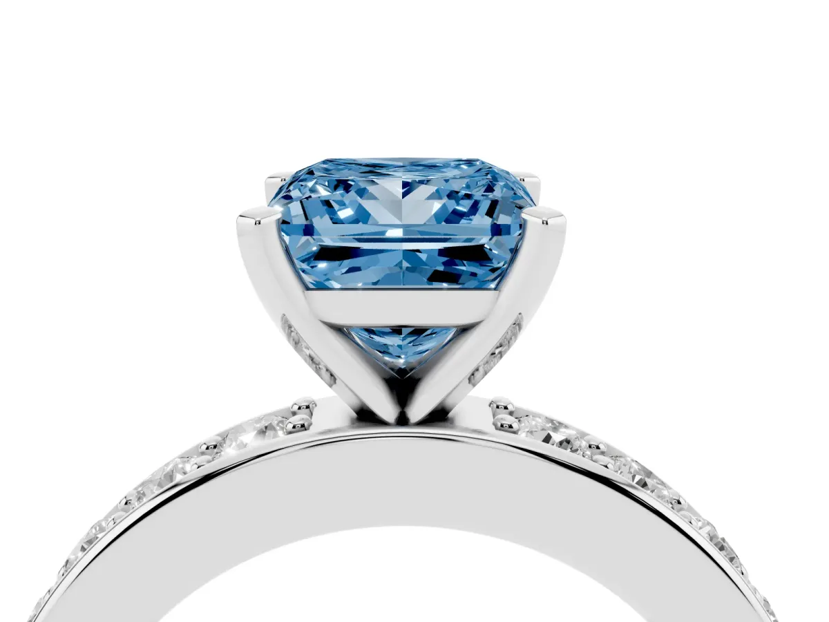 Fancy Blue Princess Cut Diamond Engagement Ring with Channel Set Round Band and Prong Setting Silver