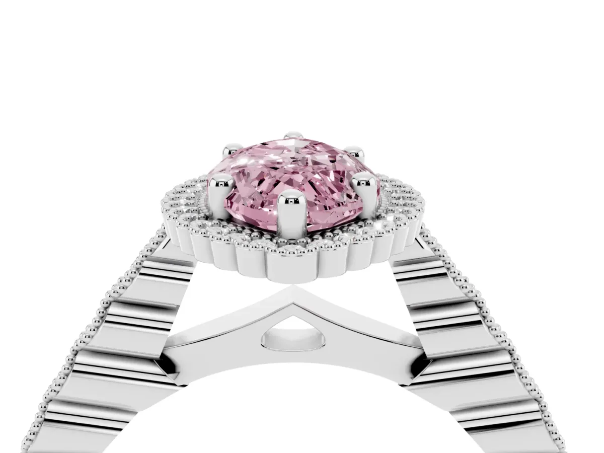 Fancy Pink Marquise Cut Cut Halo Pavé Solitaire Ring with Milgrain Band Platinum
