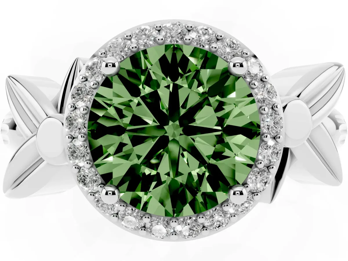 Fancy Green Round Cut Halo Diamond Floral Band with Four-Prong Setting Platinum