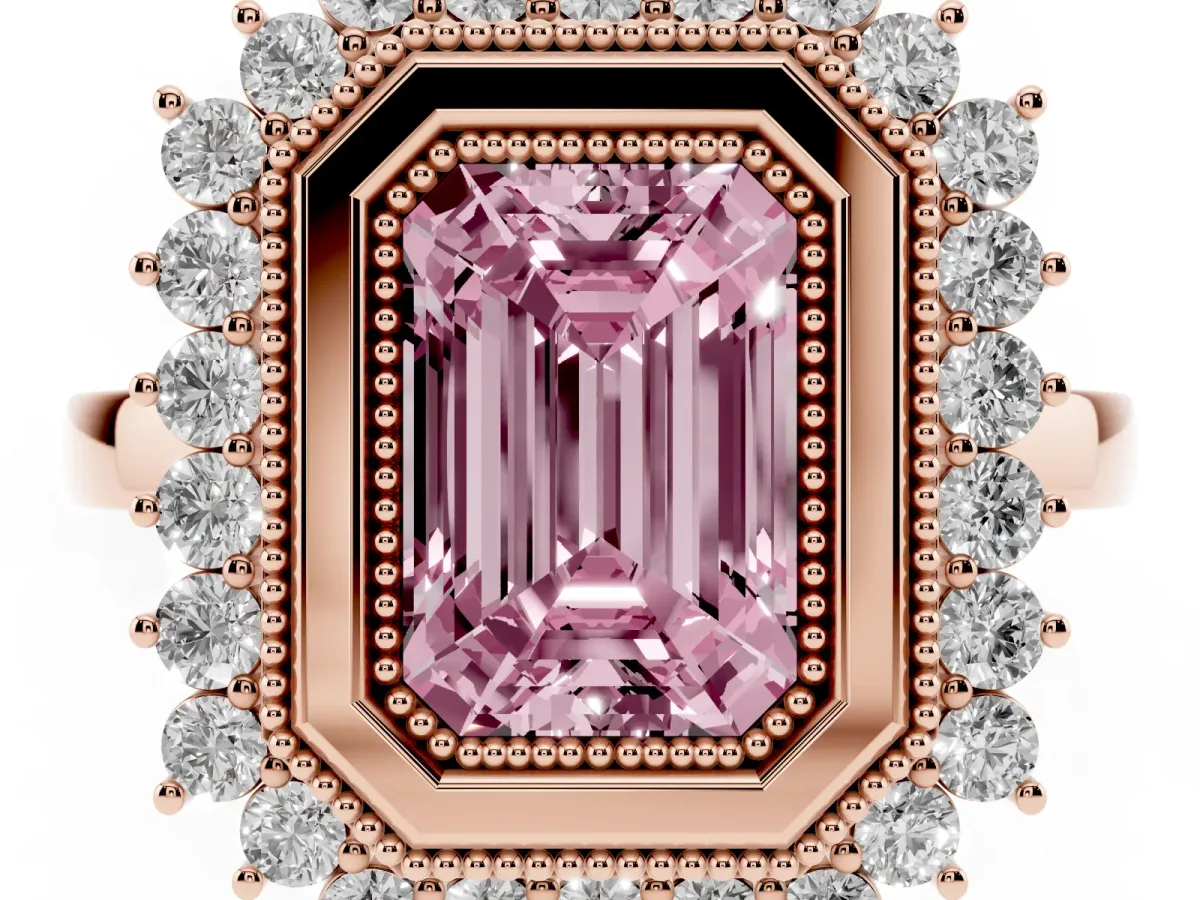 Fancy Pink Emerald Cut Halo Diamond Ring with Milgrain Edge and Round Prong Setting Rose gold