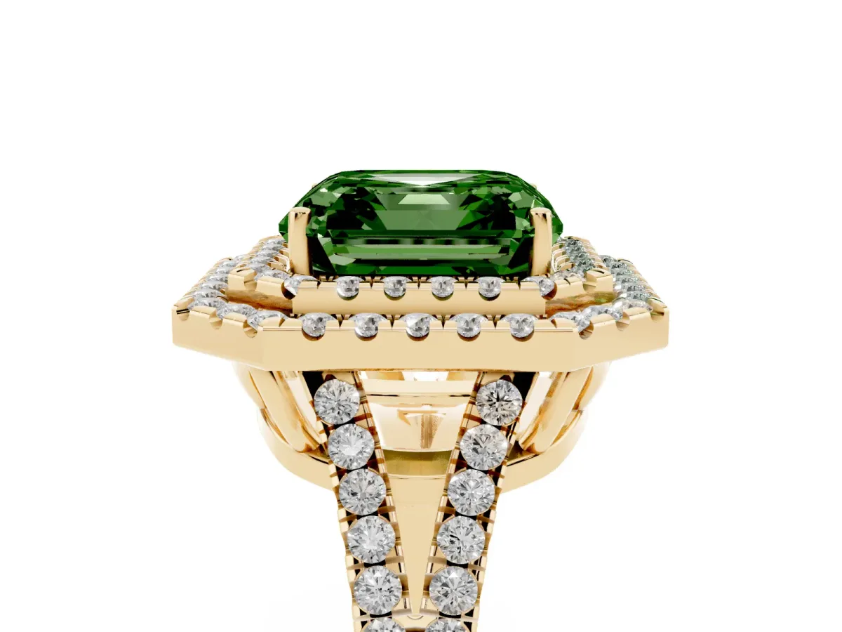 Fancy Green Asscher Cut Diamond Double Halo Ring with Pavé Band and Prong Setting Yellow gold