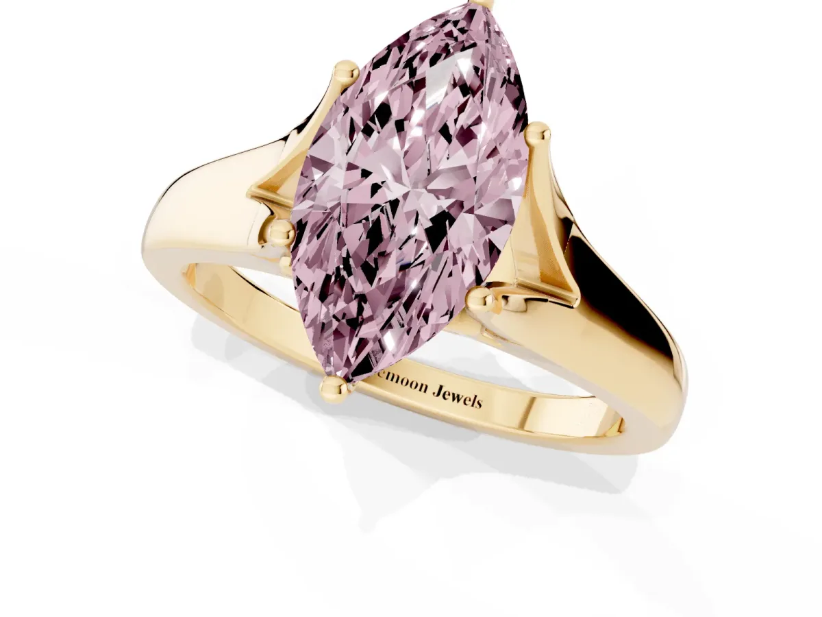 Fancy Pink Marquise Cut Solitaire Diamond Ring with Cathedral Band and Four-Prong Setting Yellow gold