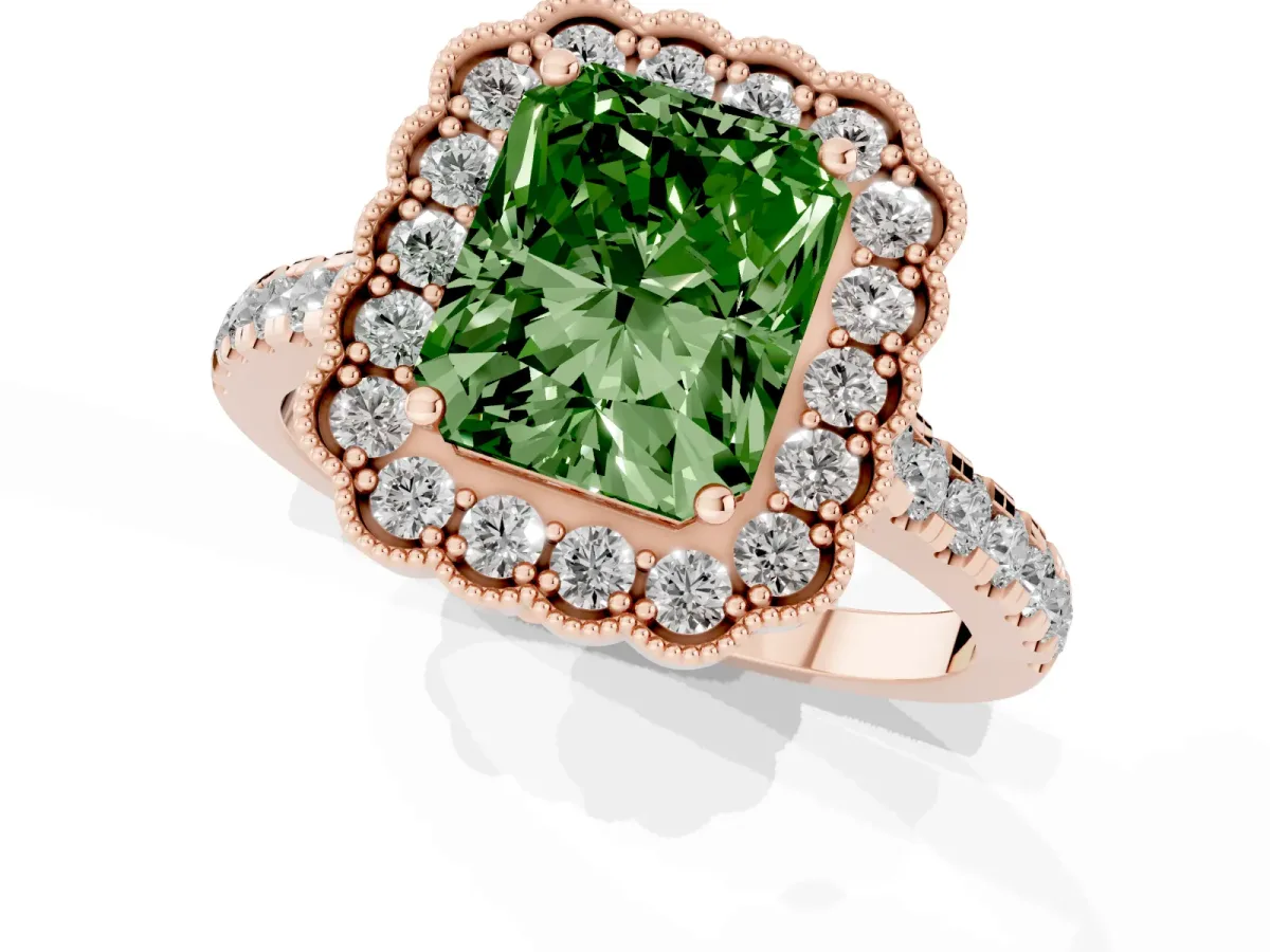 Fancy Green Radiant Cut Cut Diamond Milgrain Floral Halo Engagement Ring with Pavé Band Rose gold